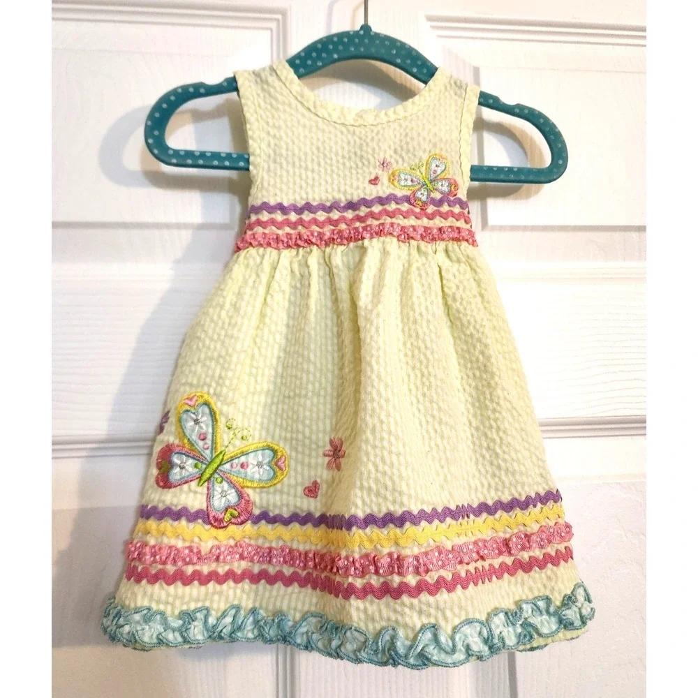 Youngland Baby Sz 6-9 Months Yellow Seersucker Gingham Dress Butterfly RickRack